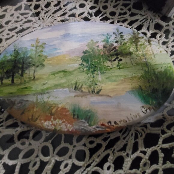 Carolina E Geiser Mini Oil on Canvas Oval Antique Beside the Creek